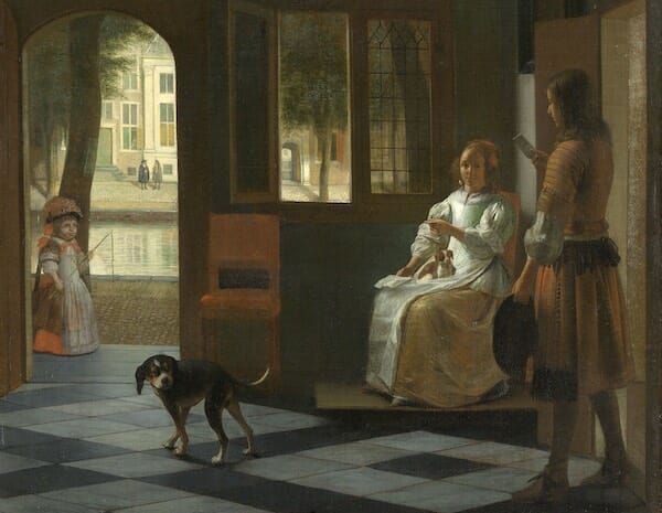 Man Handing a Letter to a Woman in the Entrance Hall of a House, Pieter de Hooch, 1670 / rijksmuseum.nl