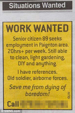 Pensioner Joe Bartley took out an ad in the local paper. / swns.com